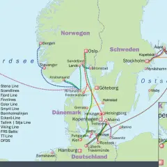 Fährroutenkarte Nordeuropa: Verbindungen von Dänemark, Deutschland, Norwegen, Schweden, Finnland, Estland und den Färöern.