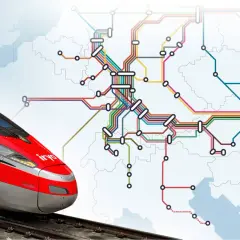 Roter Hochgeschwindigkeitszug auf Gleisen, der eine Reise von Deutschland nach Italien symbolisiert, mit einer stilisierten Karte und Zugrouten im Hintergrund.