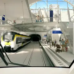 Moderner Bahnhof mit Zug, Rolltreppen und Wartenden. Ein heller, futuristischer Ort, der den besten Bahnhof Deutschlands repräsentiert.