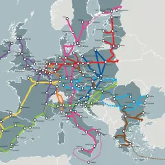 Karte zeigt das Netz des Hochgeschwindigkeitsverkehrs in Europa, mit Linien, die wichtige Städte verbinden.