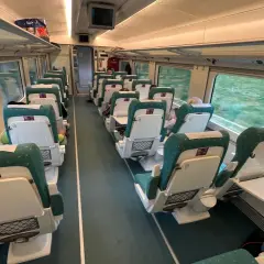Innenraum eines Renfe Alvia Zuges mit grünen und weißen Sitzen, die auf einer Fahrt durch grüne Landschaften vorbeiziehen.