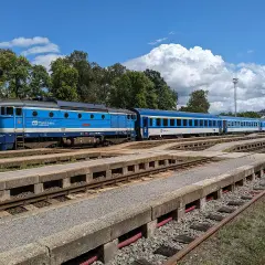 Blauer cz train mit mehreren Waggons steht auf Gleisen, umgeben von Bäumen und einem blauen Himmel mit Wolken.