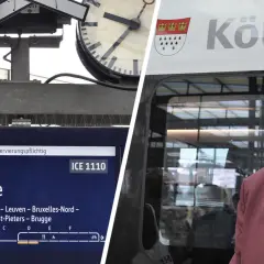 ICE-Zug von Köln nach Aachen und weiter nach Frankfurt. Ein Zugbegleiter lächelt vor dem ICE.