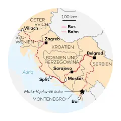 Karte zeigt Bahnstrecken der kroatischen Eisenbahnen von Villach über Zagreb, Split und Mostar nach Bar.