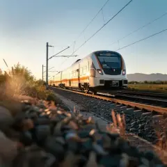 Moderner Zug auf Schienen, der die Strecke Helsinki-Tampere befährt, im warmen Abendlicht.