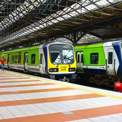 Zwei grüne und blaue Züge stehen auf einem Bahnsteig unter einem großen Dach.
