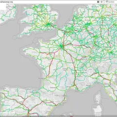 Die Karte zeigt **hochgeschwindigkeitsstrecken Deutschland** und Europa, farblich nach Geschwindigkeiten sortiert.