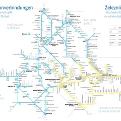 Eisenbahnverbindungen auf diesen Linien gilt das EgroNet-Ticket. Die Karte zeigt ein Netz von Bahnstrecken in Deutschland und Tschechien, ähnlich den dänischen Eisenbahnen.