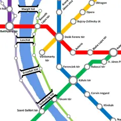 Budapest train map showing M2 line connecting stations like Batthyány tér and Keleti Pályaudvar across the Danube.
