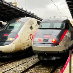 Zwei TGV-Züge stehen nebeneinander auf den Gleisen. Einer ist hellbeige mit der Aufschrift "TGV inOui", der andere ist dunkelgrau mit roten Akzenten. Sie warten auf ihre Abfahrt, vielleicht nach Paris von Luxemburg.
