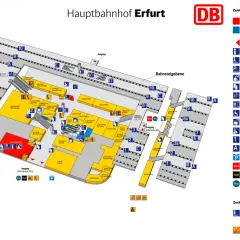 Plan des erfurter hauptbahnhofs mit Gleisen, Geschäften, Gastronomie und Serviceeinrichtungen.