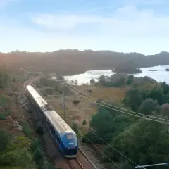 Ein blauer Zug fährt auf der Strecke Oslo-Stavanger durch eine hügelige, grüne Landschaft mit Seen und Felsen.