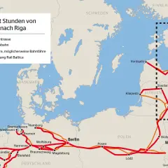 Karte zeigt Bahnstrecken und Autobahnen von Deutschland über Polen und die baltischen Staaten nach Finnland. Die litauischen Eisenbahnen sind Teil des Rail Baltica Projekts.