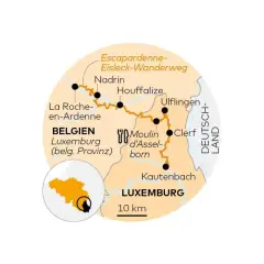Karte des Escapardenne-Eisleck-Wanderwegs durch Belgien und Luxemburg, mit Orten wie La Roche-en-Ardenne und Clervaux. Die belgian railways sind hier Teil einer malerischen Route.