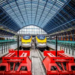 Zwei gelbe Eurostar-Züge stehen bereit für die Fahrt von Paris nach London unter dem beeindruckenden Glasdach des Bahnhofs.