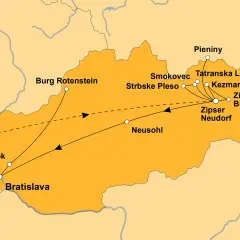 Karte einer Zugreise durch die Slowakei: von Bratislava über Burg Rotenstein und Neusohl bis zu den Hohen Tatra-Orten wie Tatranska Lomnica und Zipser Burg.