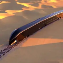 Ein futuristischer, dunkler Zug fährt durch eine goldene Wüstenlandschaft. Er könnte der teuerste Zug der Welt sein, eine Vision von Luxus und Technologie.