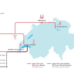 Karte zeigt TGV Lyria routes von Paris über Dijon und Genf nach Lausanne und Zürich, sowie südliche TGV Lyria routes nach Marseille.