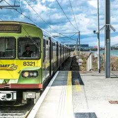 Grüner irischer Zug DART 25 mit der Nummer 8321 fährt auf einer Strecke am Meer entlang.