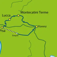 Karte zeigt Zugroute von Pisa über Lucca und Montecatini Terme nach Florenz.