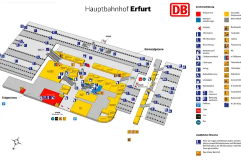 Plan des erfurter hauptbahnhofs mit Gleisen, Geschäften, Gastronomie und Serviceeinrichtungen.
