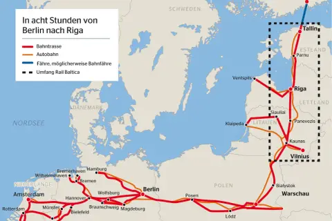 Karte zeigt Bahnstrecken und Autobahnen von Deutschland über Polen und die baltischen Staaten nach Finnland. Die litauischen Eisenbahnen sind Teil des Rail Baltica Projekts.