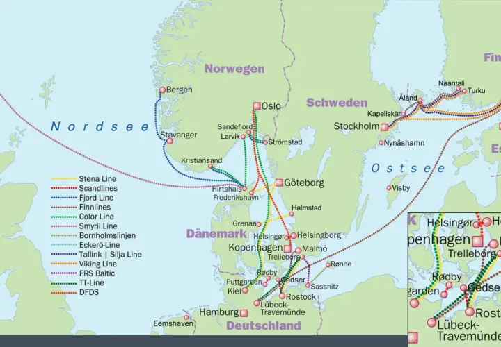 Fährroutenkarte Nordeuropa: Verbindungen von Dänemark, Deutschland, Norwegen, Schweden, Finnland, Estland und den Färöern.