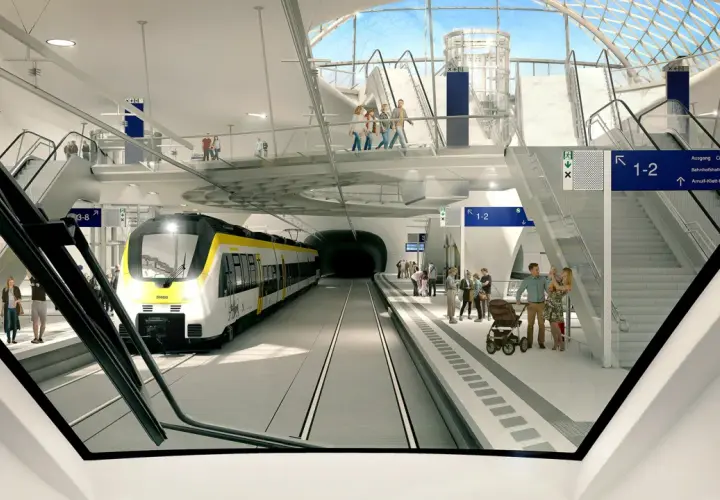 Moderner Bahnhof mit Zug, Rolltreppen und Wartenden. Ein heller, futuristischer Ort, der den besten Bahnhof Deutschlands repräsentiert.