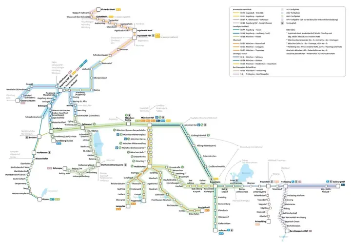 Liniennetz der bayerischen Regionbahn mit Verbindungen von München über Augsburg und Ingolstadt bis nach Salzburg.