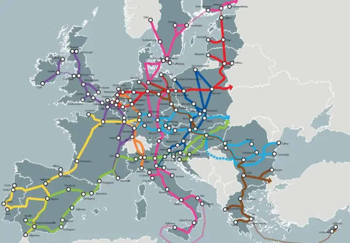 Karte zeigt das Netz des Hochgeschwindigkeitsverkehrs in Europa, mit Linien, die wichtige Städte verbinden.