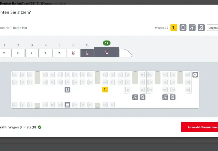 Sitzplatzauswahl für eine ICE-Fahrt. Hier werden die verfügbaren Plätze für Eurail reservations angezeigt, mit Optionen zur Auswahl von Wagen und Sitzplatz.