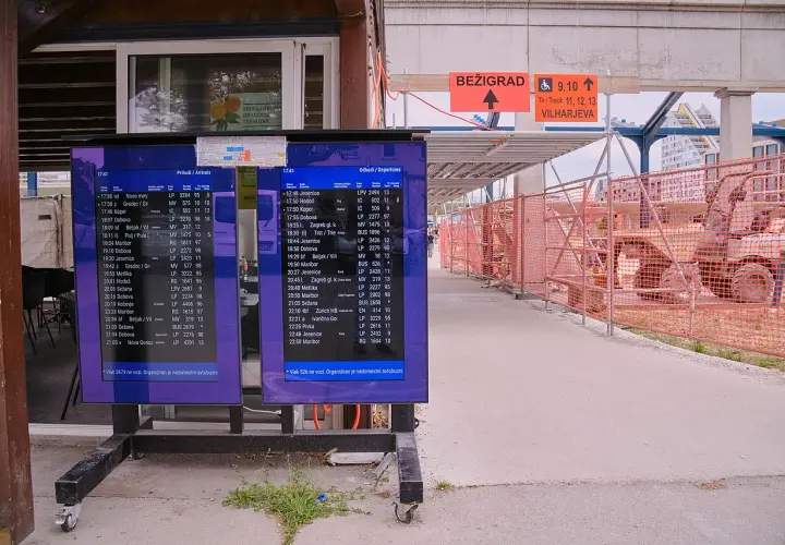 Anzeigetafeln am Bahnhof Ljubljana zeigen Abfahrts- und Ankunftszeiten. Baustellenabsperrungen und ein Bagger sind im Hintergrund sichtbar.