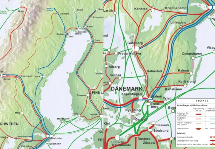 SJ Sweden: Karte der Zugverbindungen in Schweden, Dänemark und Finnland.