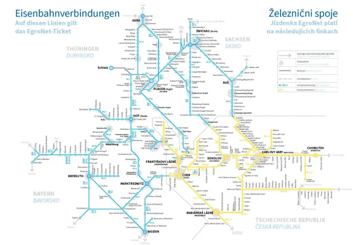 Eisenbahnverbindungen auf diesen Linien gilt das EgroNet-Ticket. Die Karte zeigt ein Netz von Bahnstrecken in Deutschland und Tschechien, ähnlich den dänischen Eisenbahnen.