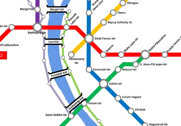 Budapest train map showing M2 line connecting stations like Batthyány tér and Keleti Pályaudvar across the Danube.