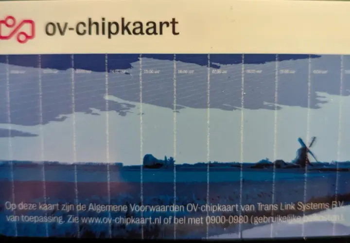 OV-chipkaart met molenlandschap. Deze kaart is geldig voor het openbaar vervoer in Nederland.