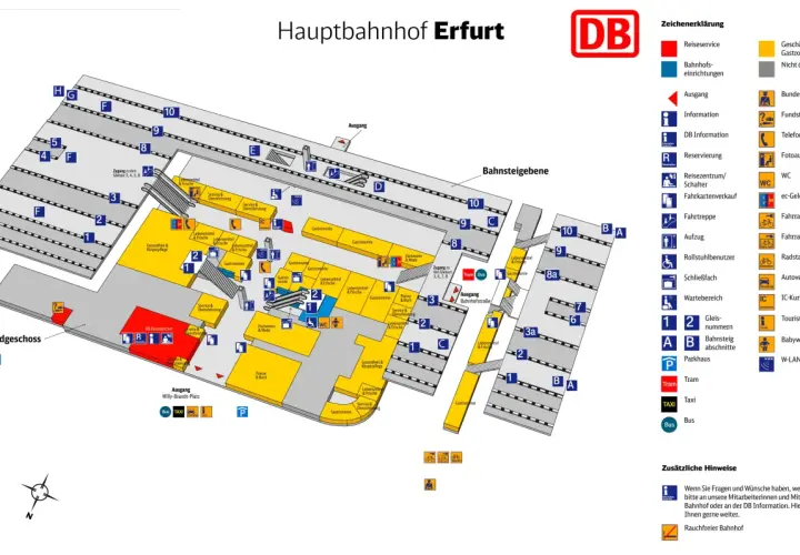 Plan des erfurter hauptbahnhofs mit Gleisen, Geschäften, Gastronomie und Serviceeinrichtungen.