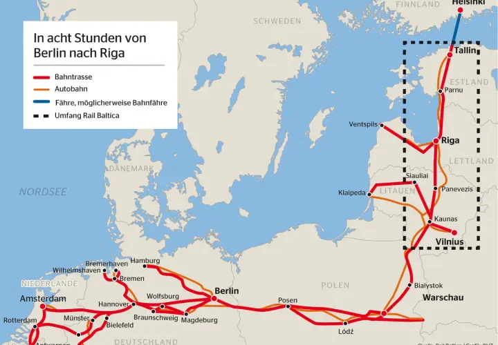 Karte zeigt Bahnstrecken und Autobahnen von Deutschland über Polen und die baltischen Staaten nach Finnland. Die litauischen Eisenbahnen sind Teil des Rail Baltica Projekts.