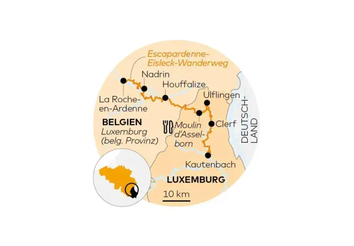 Karte des Escapardenne-Eisleck-Wanderwegs durch Belgien und Luxemburg, mit Orten wie La Roche-en-Ardenne und Clervaux. Die belgian railways sind hier Teil einer malerischen Route.