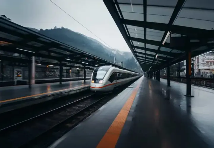 Moderner Zug verlässt den Bahnhof, bereit für die Fahrt von Stuttgart nach Wien.