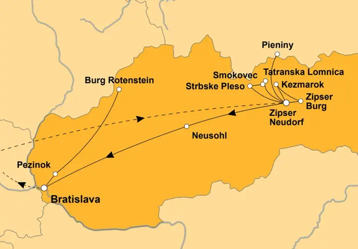 Karte einer Zugreise durch die Slowakei: von Bratislava über Burg Rotenstein und Neusohl bis zu den Hohen Tatra-Orten wie Tatranska Lomnica und Zipser Burg.
