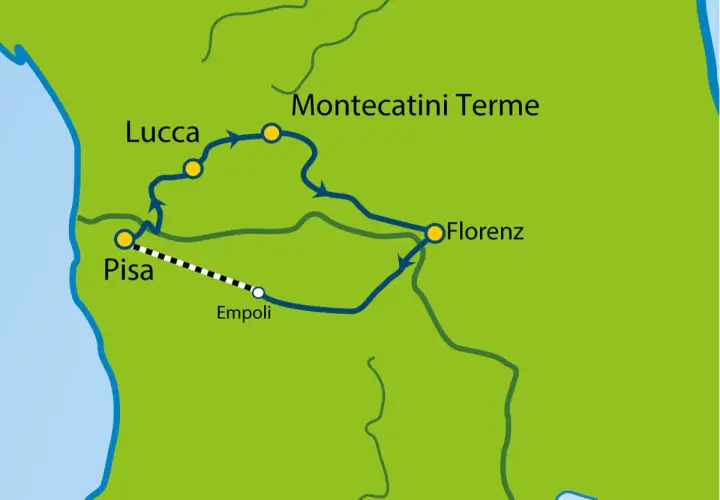 Karte zeigt Zugroute von Pisa über Lucca und Montecatini Terme nach Florenz.