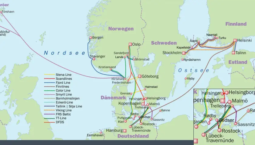 Fährroutenkarte Nordeuropa: Verbindungen von Dänemark, Deutschland, Norwegen, Schweden, Finnland, Estland und den Färöern.