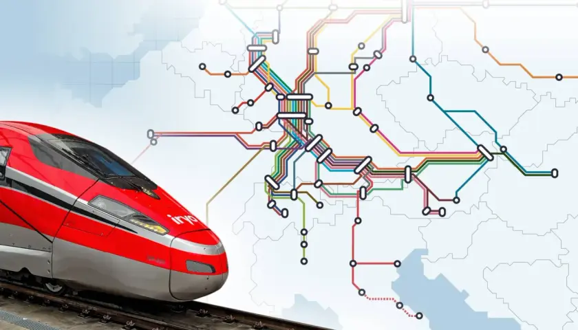 Roter Hochgeschwindigkeitszug auf Gleisen, der eine Reise von Deutschland nach Italien symbolisiert, mit einer stilisierten Karte und Zugrouten im Hintergrund.