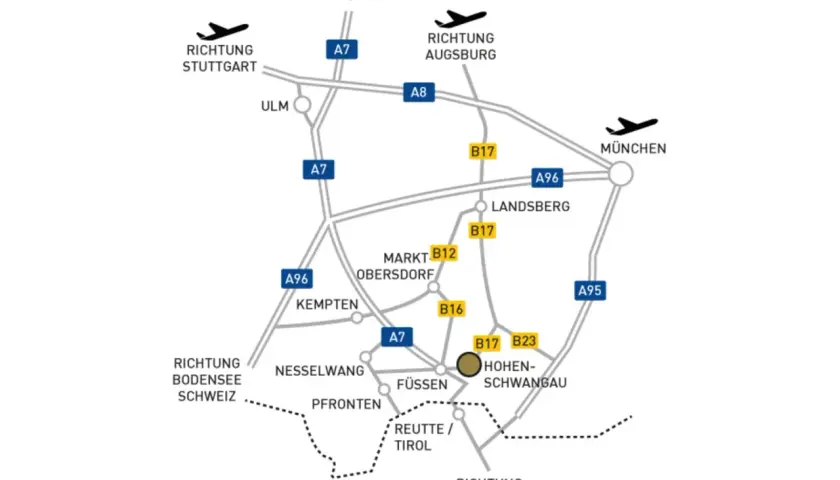 Karte zeigt Anreise nach Neuschwanstein. Mit dem Zug nach Füssen, dann weiter nach Hohenschwangau.