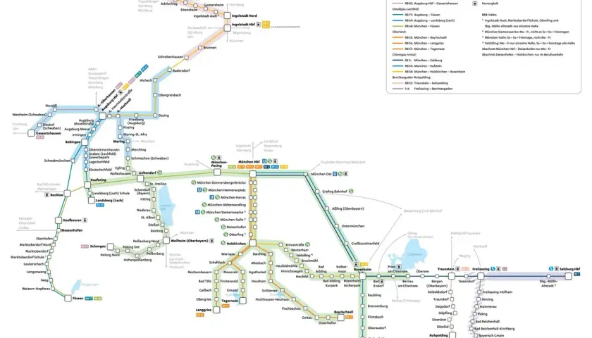 Liniennetz der bayerischen Regionbahn mit Verbindungen von München über Augsburg und Ingolstadt bis nach Salzburg.
