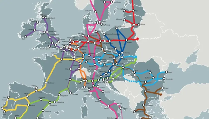 Karte zeigt das Netz des Hochgeschwindigkeitsverkehrs in Europa, mit Linien, die wichtige Städte verbinden.