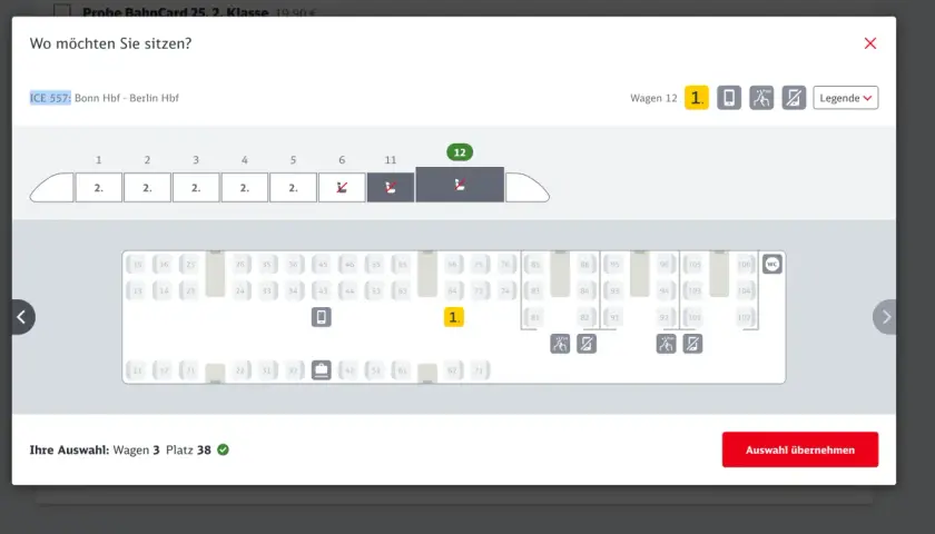Sitzplatzauswahl für eine ICE-Fahrt. Hier werden die verfügbaren Plätze für Eurail reservations angezeigt, mit Optionen zur Auswahl von Wagen und Sitzplatz.