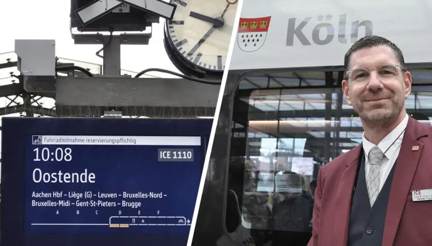 ICE-Zug von Köln nach Aachen und weiter nach Frankfurt. Ein Zugbegleiter lächelt vor dem ICE.