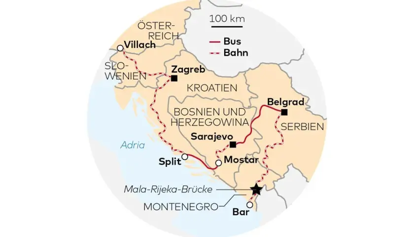 Karte zeigt Bahnstrecken der kroatischen Eisenbahnen von Villach über Zagreb, Split und Mostar nach Bar.